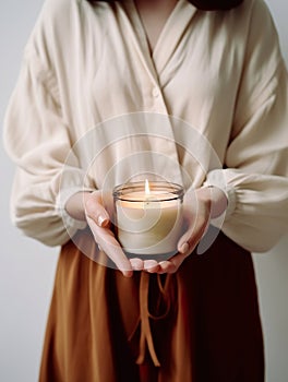 Woman holding burning candle, design and branding ready candle jar mockup with female hands, no face