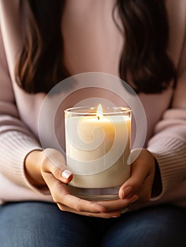 Woman holding burning candle, design and branding ready candle jar mockup with female hands, no face