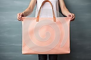 woman holding canvas bag mockup color peach fuzz