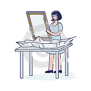 Woman holding canvas for drawing. Cartoon female artist before painting