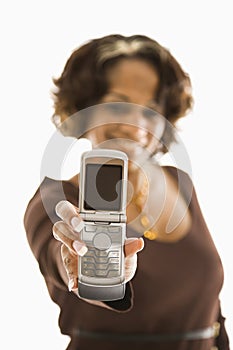 Woman holding cellphone.