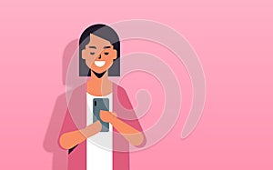 Woman holding cellphone girl using smartphone mobile app social media communication concept female cartoon character