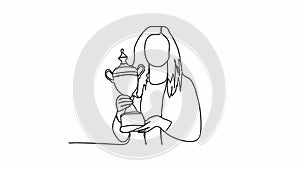 Woman holding the championship trophy one line drawing animation. Video clip with alpha channel.