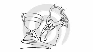 Woman holding the championship trophy one line drawing animation. Video clip with alpha channel.