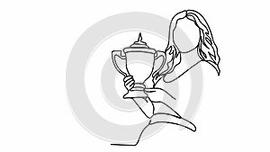 Woman holding the championship trophy one line drawing animation. Video clip with alpha channel.