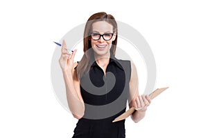 Woman holding checklist with toothy smile isolated