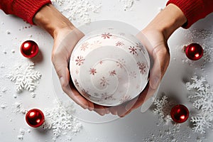 A woman is holding a christmas ornament on a plate created with generative AI technology
