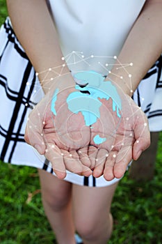 Woman holding circle global network connection and data exchanges worldwide