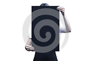 Woman holding a clipboard with both hands isolated background