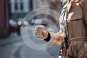 Woman holding coffee cup and crossing street