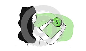 Woman holding a coin and smiling vector illustration concept. Search for profit and business success growth. Businessman