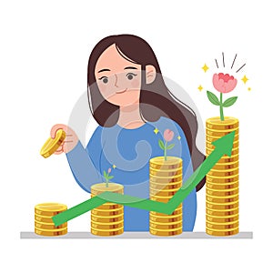 Woman holding a coin and stack them together. Financial investment saving concept vector illustration