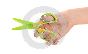 Woman holding colorful plastic scissors on white background, closeup