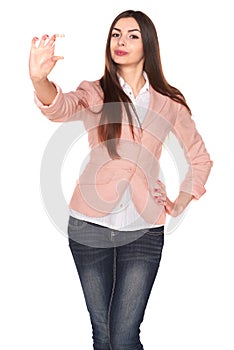 Woman holding credit card isolated on white background