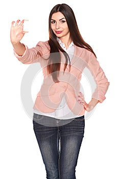 Woman holding credit card isolated on white background