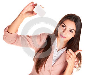 Woman holding credit card isolated on white background