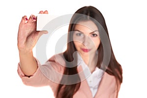 Woman holding credit card isolated on white background