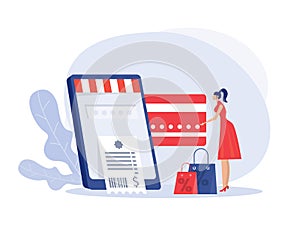 woman holding credit card and phone and making purchase online vector illustration