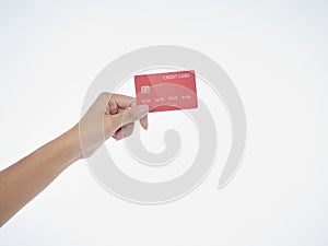 Woman holding credit card on white background