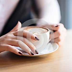 Woman holding cup of capuccino on wooden table. photo