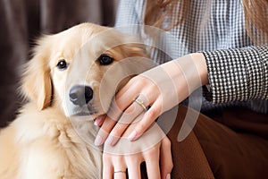 Woman holding cute dog paw indoors. Generate Ai