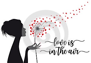 Woman holding dandelion with hearts, vector illustration