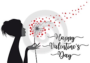 Woman holding dandelion with hearts, vector Valentines day card