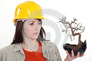 Woman holding a dead plant