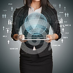 Woman holding digital network over tablet pc