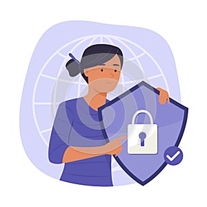 Woman Holding Digital Security Shield with Padlock Symbol for Cyber Security Concept Illustration
