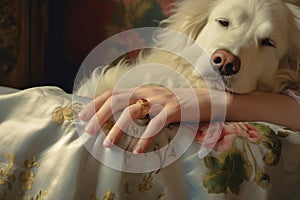 Woman holding dog paw indoors closeup view. Generate Ai