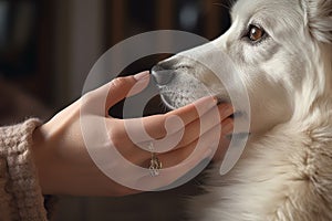 Woman holding dog paw indoors love. Generate Ai