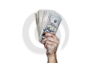 Woman holding dollar bills, isolated on white