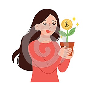 Woman holding a dollar coin plant.Financial concept vector illustration.