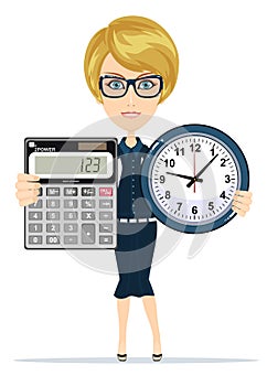 Woman holding an electronic calculator and clock
