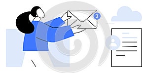 Woman Holding Email Envelope with Notification and User Profile Document
