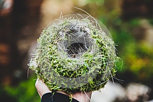 Woman holding a empty bird nest