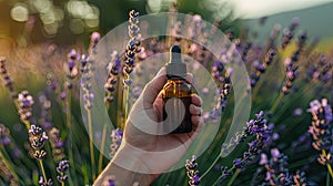 woman holding essential oil on lavender field