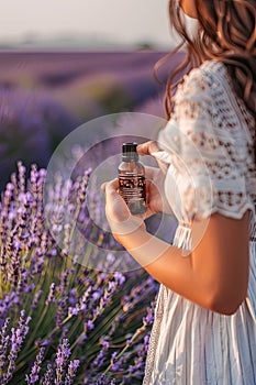 woman holding essential oil on lavender field