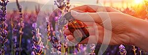 woman holding essential oil on lavender field