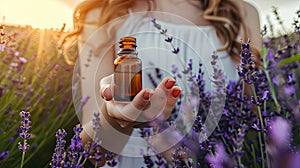 woman holding essential oil on lavender field