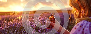 woman holding essential oil on lavender field