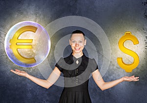 Woman holding euro sign in bubble and dollar