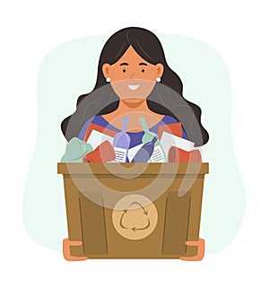 Woman Holding Garbage Box for Waste Sorting and Recycle Concept Illustration