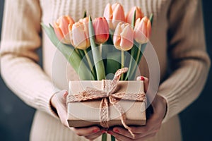 Woman holding gift and bouquet of tulips. Mothers day. Greeting card. Generative AI.