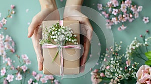 The woman is holding a gift box with a beautiful flower bouquet