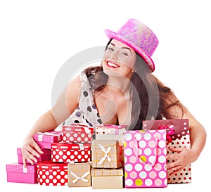 Woman holding gift box at birthday party.