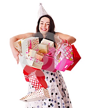 Woman holding gift box at birthday party.