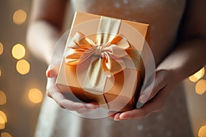 Woman Holding Gift Box Concept for Anniversary Surprise, Female Gifting Gesture, and Luxury Wrapped Presents