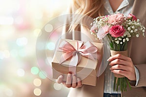 A woman is holding gift box with a pink ribbon and a bouquet of pink flowers